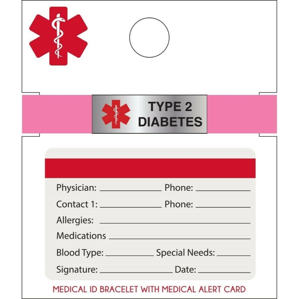 Medical ID Bracelet With Medical Alert Card Type 2 Diabetes Pink Silicone